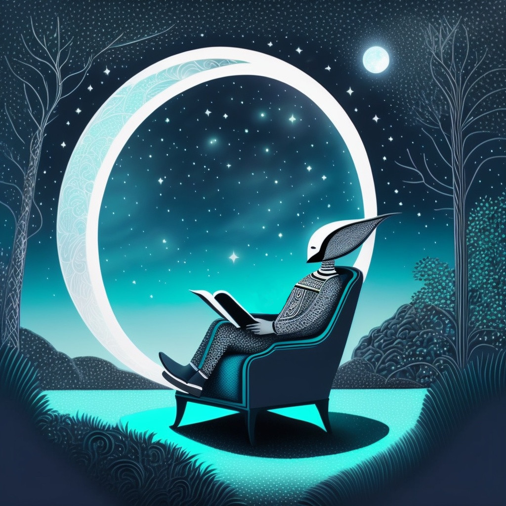 An alien reading a book in an armchair outside beneath the moon.
